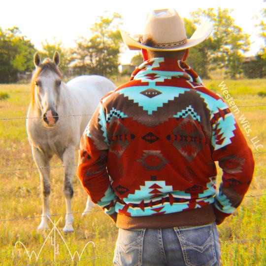 Sunrise Aztec Denim Jean Jacket With Leather Blue Yellow 