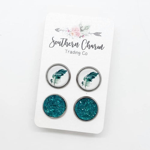 THE TEAL FEATHER/DRUZY STUD SET